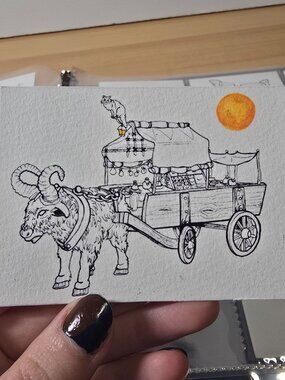 Adventure Caravan Merchant Mini Art 🐈‍⬛🐂 Fantasy Art Print (Signed)